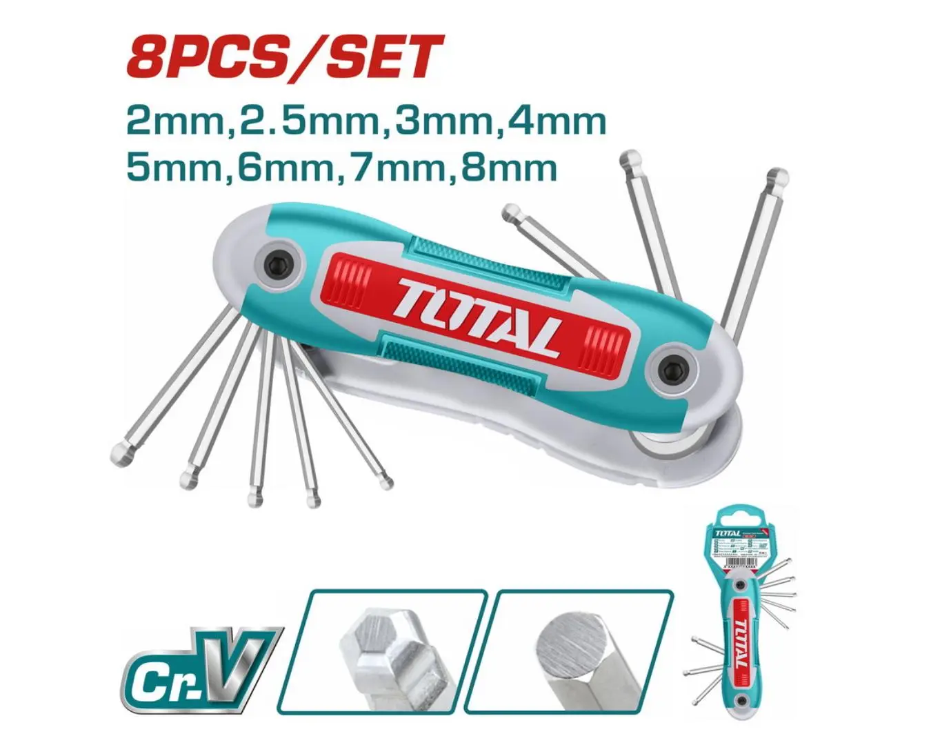 طقم مفتاح مسدس كرة 8 قطع 2 - 8 مم قابل للطي TOTAL (( صناعي )) - THT1061836