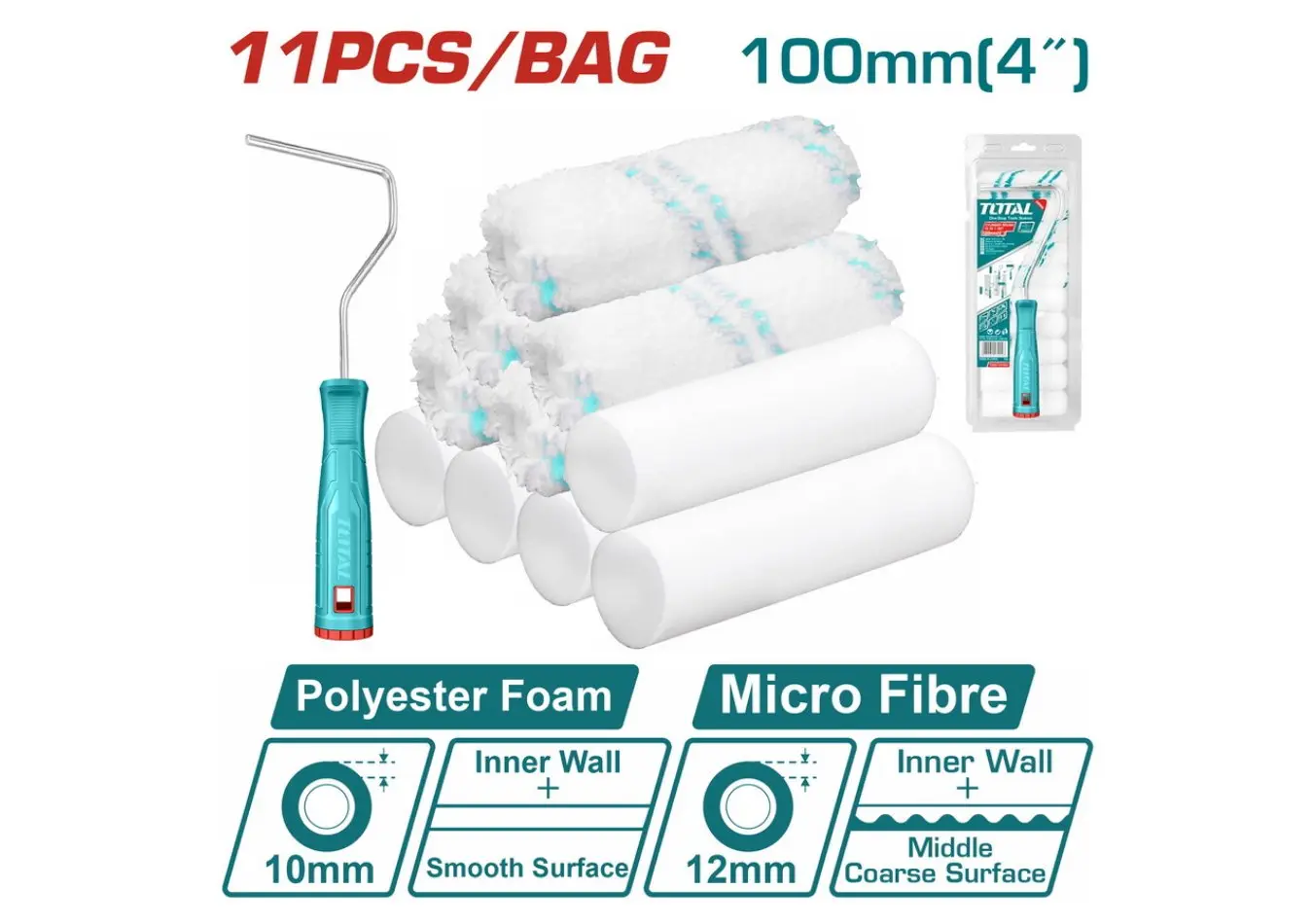 مجموعة رول دهان 4 انش 10 سم اكس 6 مم مع 10 خراطيش 10+12 مم TOTAL CYLINDER BRUSH 12 IN 1 SET - THT81121001