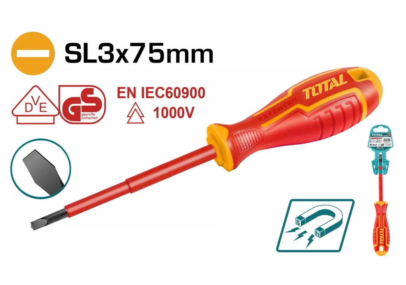 مفك براغي شق معزول احمر SL3*75 حديث صناعي ماركة TOTAL - THTIS3075
