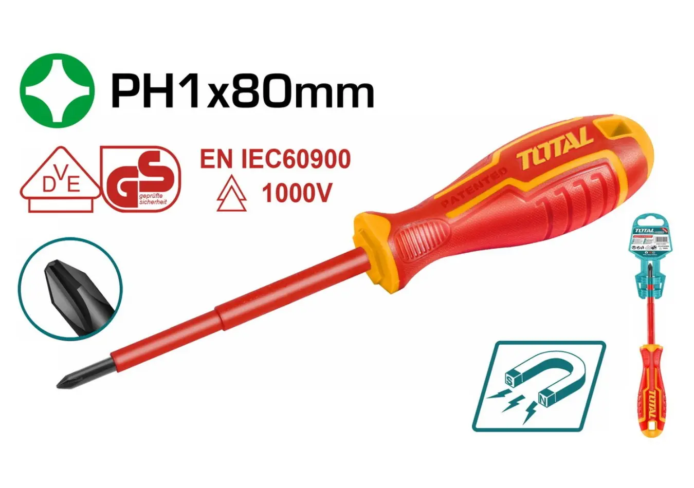 مفك براغي مصالب معزول احمر PH1*80 ( صناعي ) TOTAL CRV - THTISPH180
