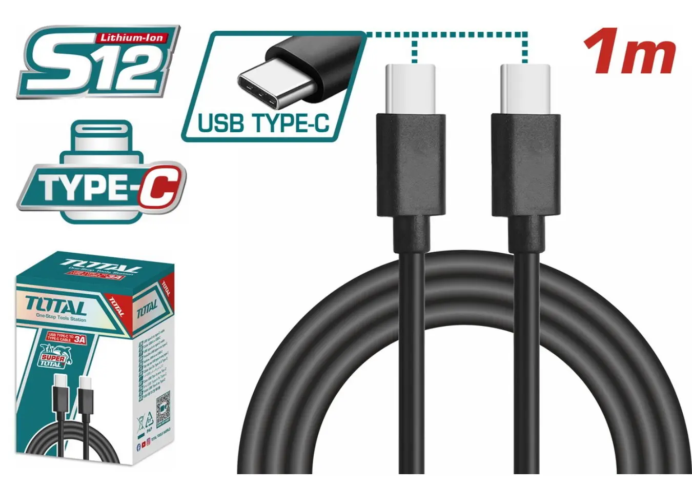 كبل شاحن USB type-C to type-C حديث طول 1 متر 3 امبير ماركة TOTAL - TIUCC02