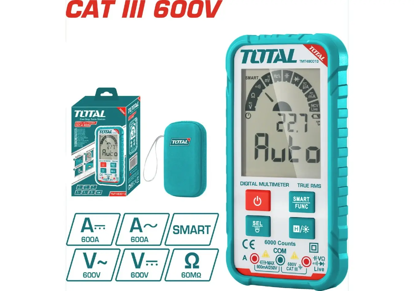 افومتر ديجتال 600 فولت AC و 600 فولت DC مقاومة + مكثف ماركة TOTAL - TMT460013