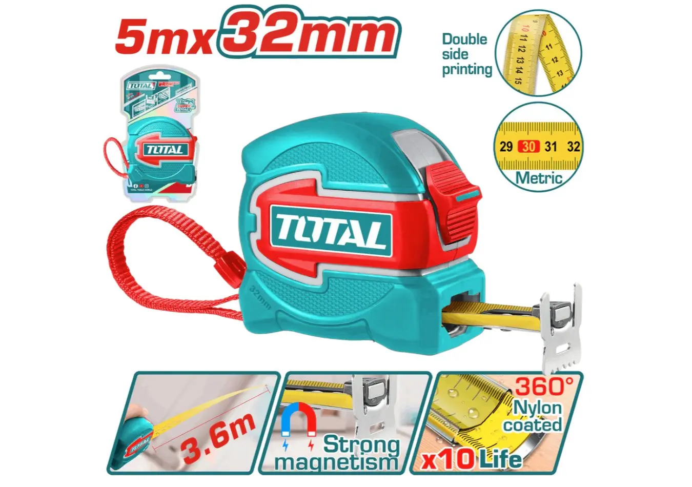 متر كوشوك قياس 5 متر عرض 32 مم وجهين مع راس مغناطيس ماركة TOTAL - TMT80532M