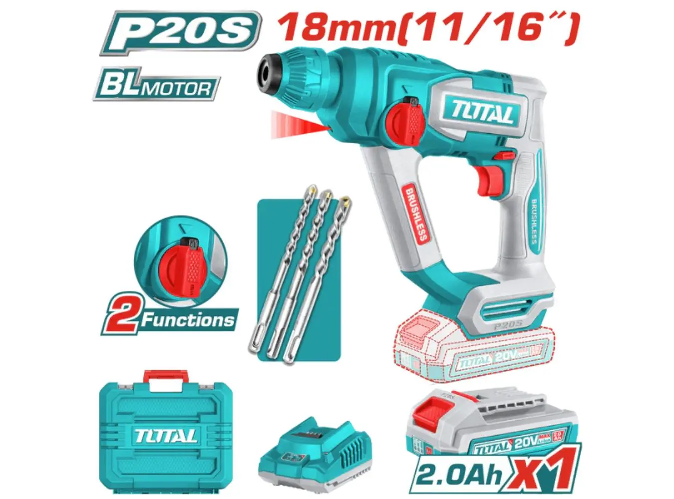 مثقب بطارية 20 فولت 18مم 1.8جول BL SDS PLUS + بطارية 2 امبير + شاحن + اكسسوارات ضمن حقيبة بلاستيك TO - TRHLI201881