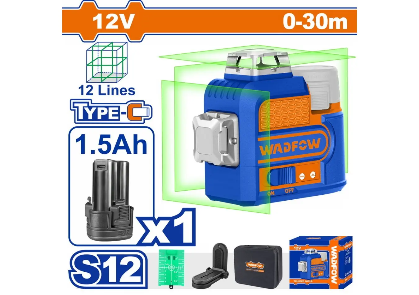 شقلة ليزر اخضر 12 فولت 12 خط 30 متر ماركة WADFOW بطارية S12 TYPEC - WLE8M12