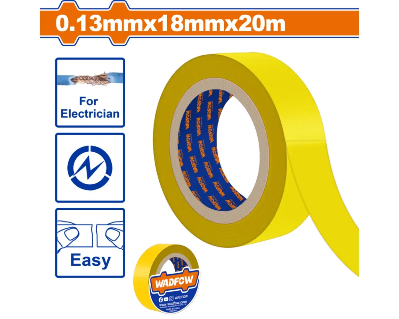توال لاصق PVC لون اصفر طول 20 متر عرض 18 مم ماركة WADFOW - WPN1011