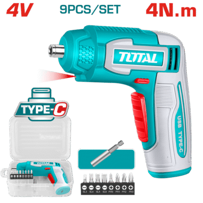 مفك براغي 4 فولت عزم 4 نيوتن شحن TYPE-C + اكسسوارات ضمن حقيبة بلاستيك TOTAL - TSDLI0458
