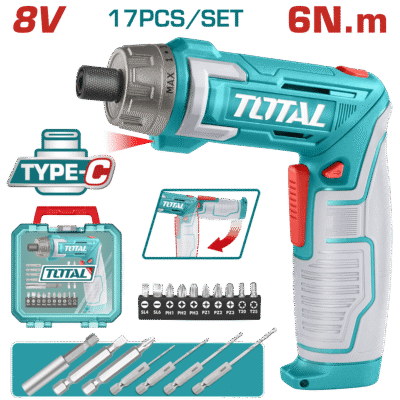 مفك بطارية 8 فولت عزم 6 نيوتن + اكسسوارات شاحن TYPE-C ضمن حقيبة بلاستيك TOTAL - TSDLI08025