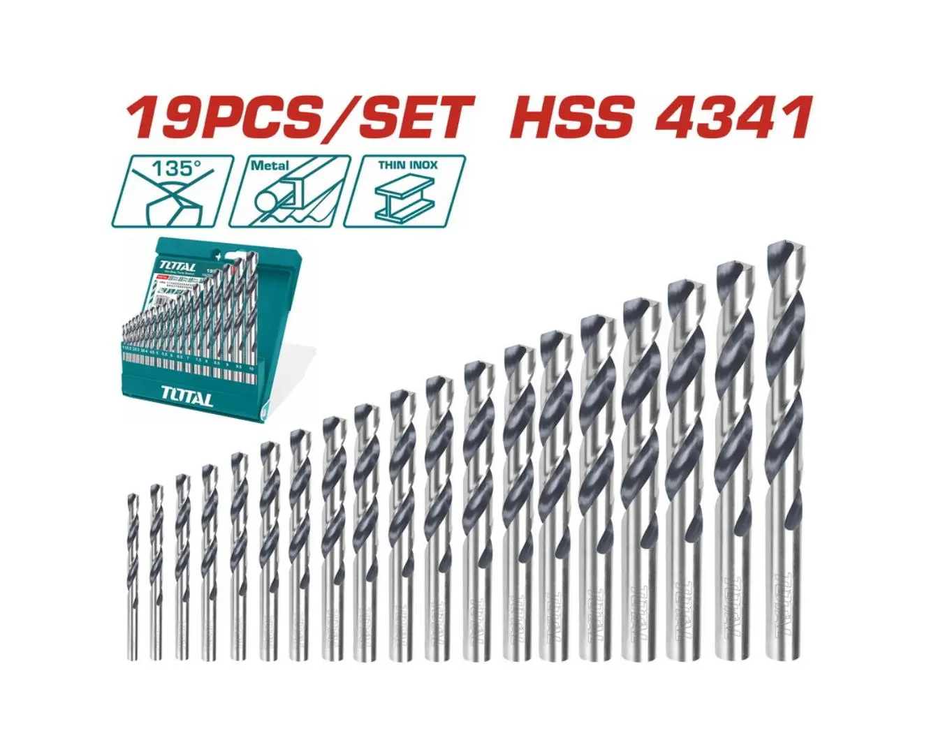 طقم ريش حديد HSS4341 عدد 19 ( 1 مم الى 10 مم ) TOTAL - TACSD0195