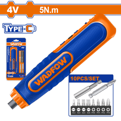 مفك بطارية 4 فولت عزم 5 نيوتن + اكسسوارات على كرت بلاستيك ماركة WADFOW - WCV4435