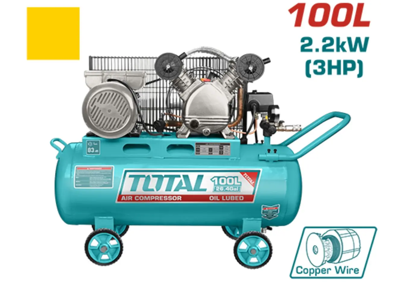 كمبرسور ضاغط هواء 100 لتر محرك 3 حصان 220 فولت حديث TOTAL ملف نحاس - TC2301006