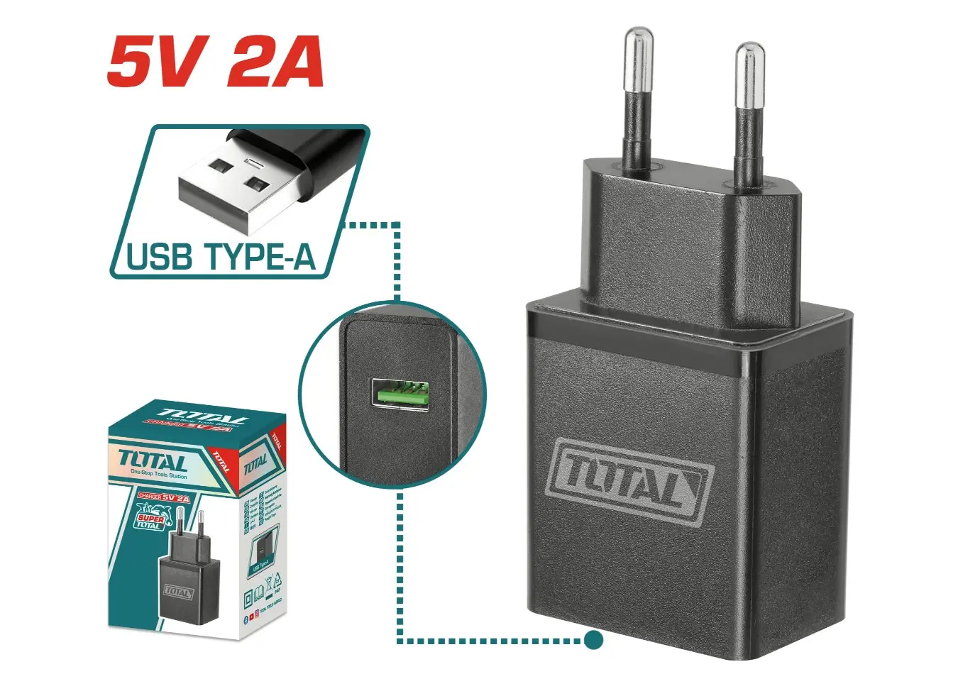 رأسية شاحن 5 فولت 2 امبير USB type-A حديث ماركة TOTAL - TCLI120502