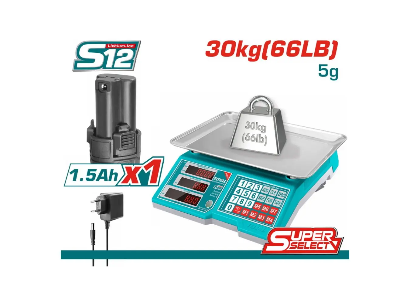 ميزان الكتروني 30 كغ بطارية S12 - 12 V ماركة TOTAL - TES1223