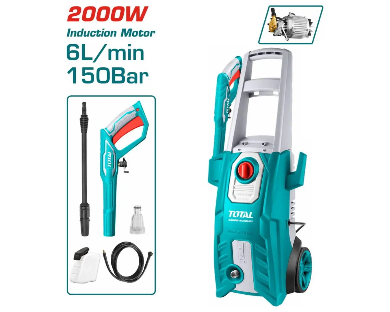 مغسل سيارات 2000 واط 150 بار محرك صناعي + خرطوم 5 متر TOTAL (( صناعي )) - TGT11226