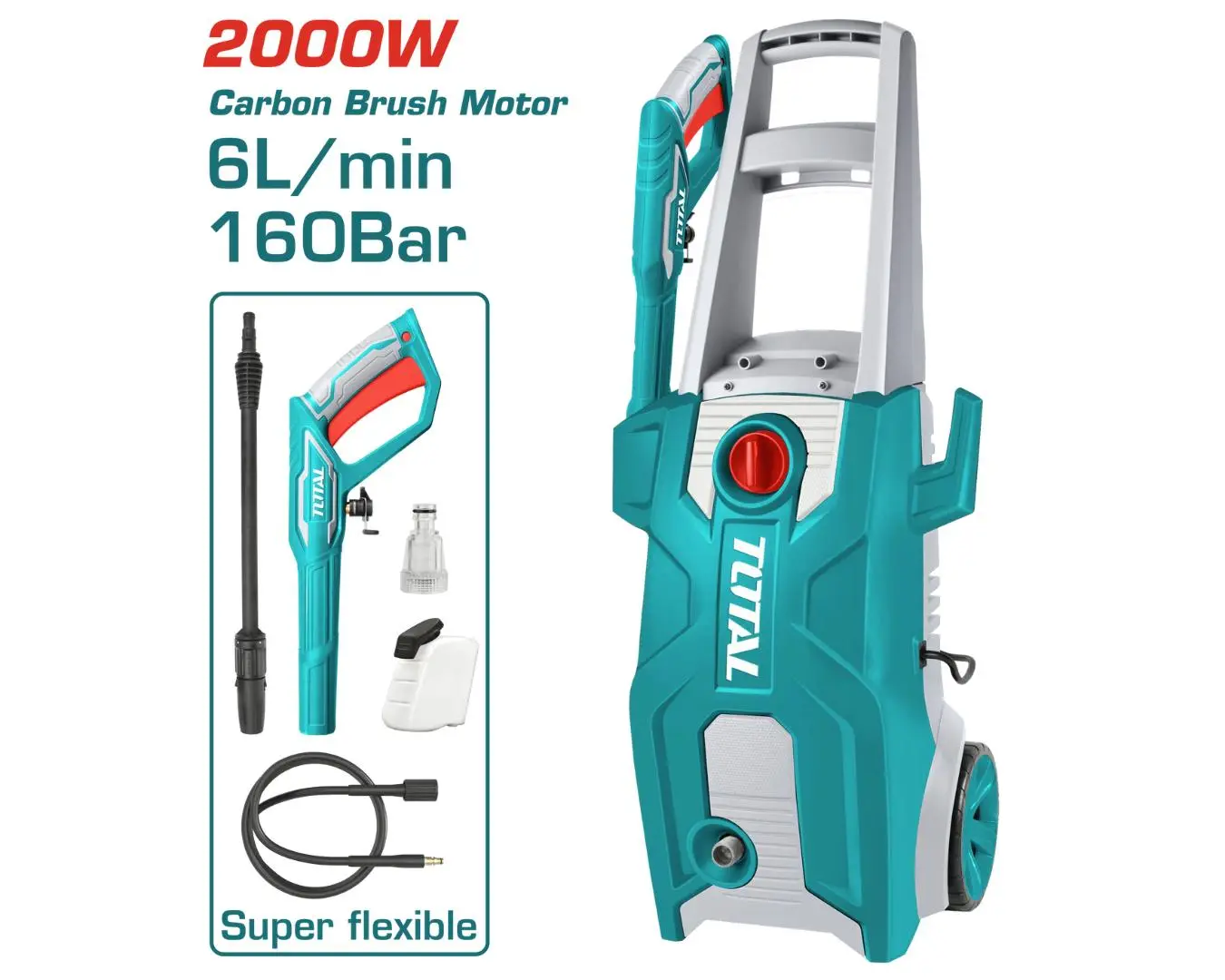 مغسل سيارات 2000 واط , 160 بار محرك فحمات (ملف نحاس )+ خرطوم 5 متر TOTAL - TGT11376