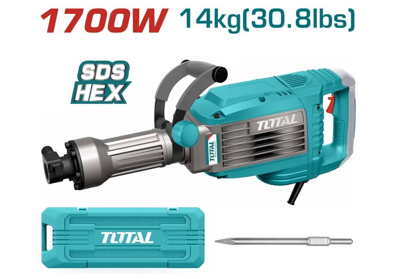 كسارة دق زيت 1700 واط 50 جول وزن 14 كغ 65 - HEX + (ازميل شوكة )ضمن حقيبة بلاستيك TOTAL حديث - TH217068